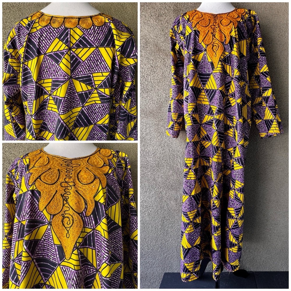 Vibrant African Wax Print Caftan with Bodice Embroidery size L
